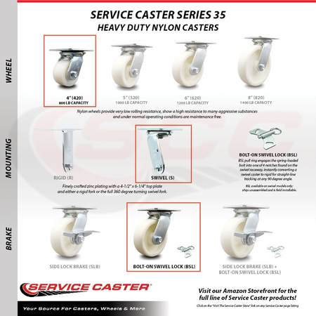 Service Caster 4 Inch Nylon Caster Set with Roller Bearings and Swivel Locks SCC-35S420-NYR-BSL-4